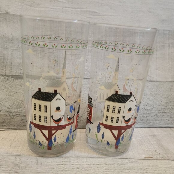 Vintage Warren Kimble Americana Birdhouse Glass Tumbler Set Of 2 - Picture 4 of 4